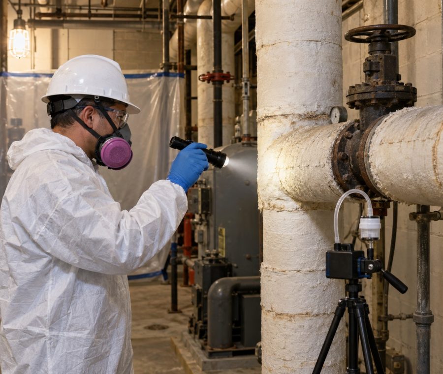 Inspector in protective gear examining insulated pipes with a flashlight beside an air monitoring pump