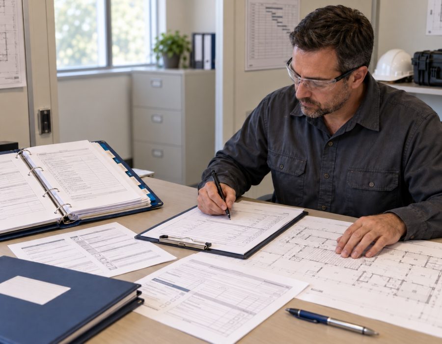 Project manager completing asbestos compliance paperwork alongside building plans