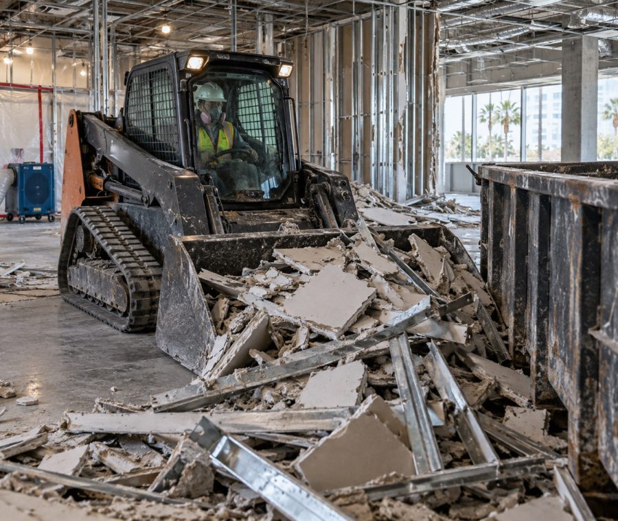 Skid steer loading demolition debris into a dumpster inside a building