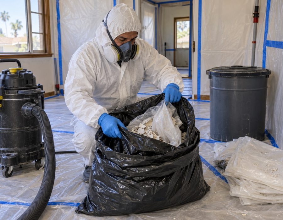 Worker in protective gear bagging lead paint debris for disposal