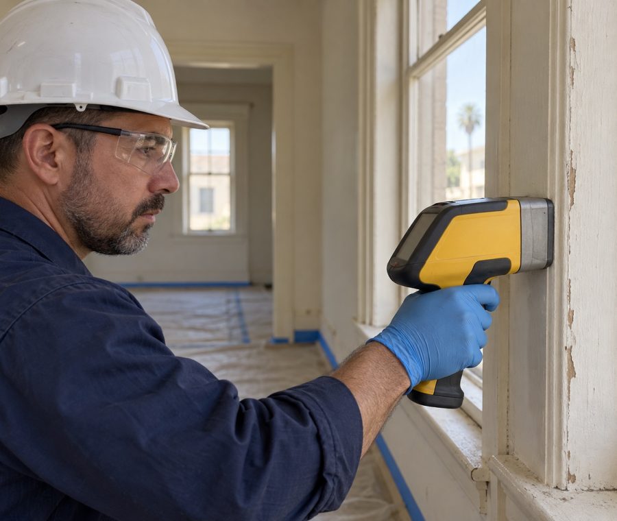Technician testing a window frame for lead paint with a handheld analyzer