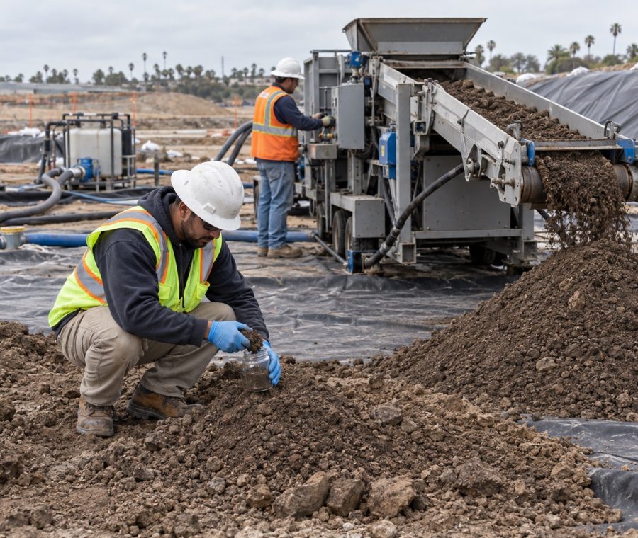 Crew member collecting a soil sample next to soil treatment equipment