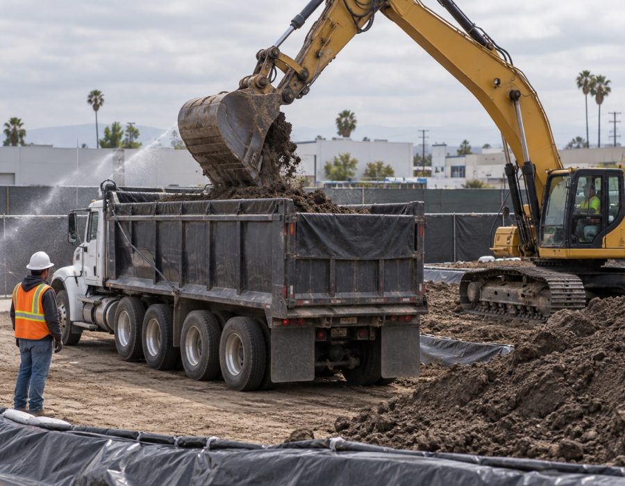 Excavator loading contaminated soil into a lined haul truck